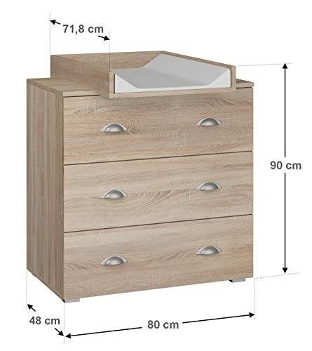 Table à langer en bois avec trois tiroirs et dimensions.