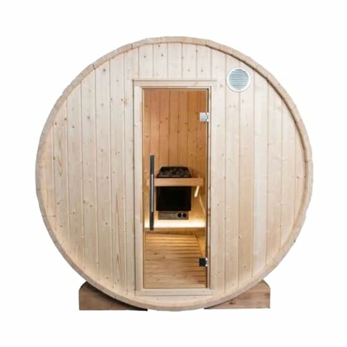 Sauna en forme de tonneau en bois.