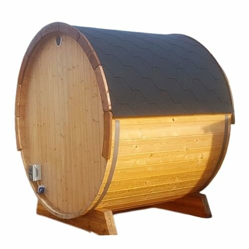 Sauna en forme de tonneau en bois.
