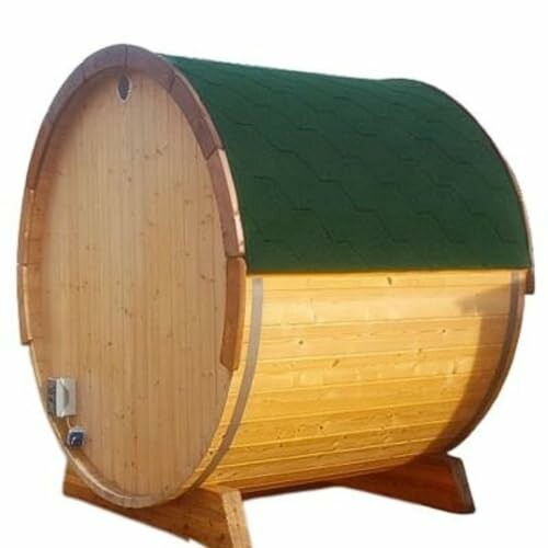 Sauna en forme de baril en bois.