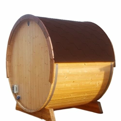 Sauna en forme de baril en bois.