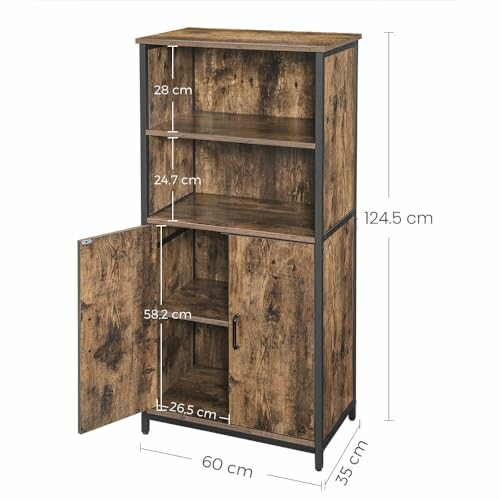 Armoire en bois avec étagères ouvertes et portes, dimensions indiquées.