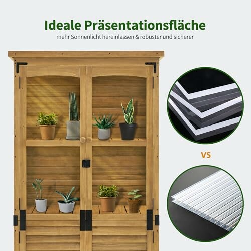 Armoire en bois avec des plantes en pot et comparaison de matériaux.