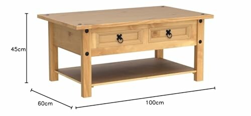 Table basse en bois avec tiroirs et mesures