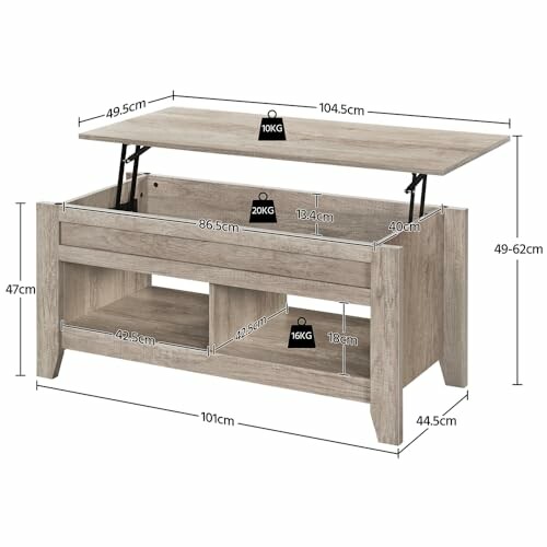 Table basse en bois avec espace de rangement et dimensions.