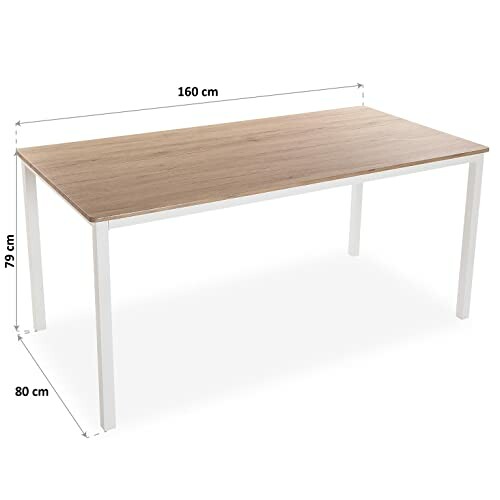 Table à manger en bois avec pieds blancs, dimensions indiquées.