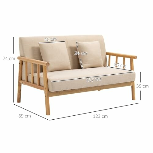 Sofa en bois avec coussins et dimensions illustrées