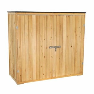 Abri de jardin en bois avec portes verrouillables.