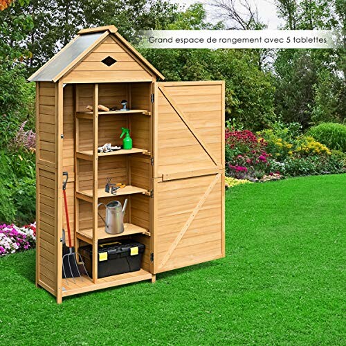 Abri de jardin en bois avec outils et étagères