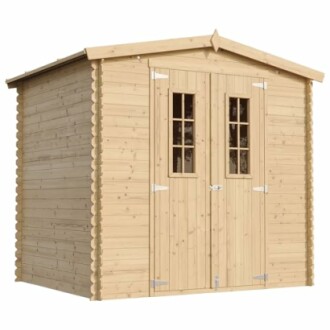 Abri de jardin en bois avec portes vitrées.