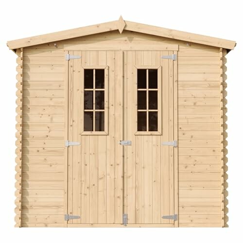 Abri de jardin en bois avec portes vitrées.