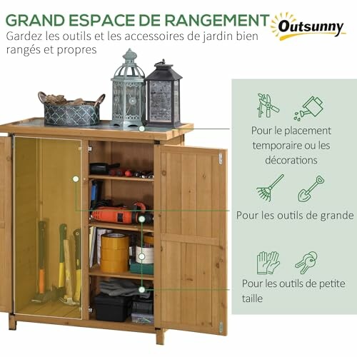 Armoire de rangement en bois pour outils de jardin avec étagères et portes ouvertes montrant divers outils.