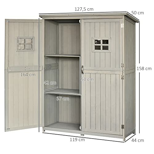 Abri de jardin en bois avec portes ouvertes et étagères.