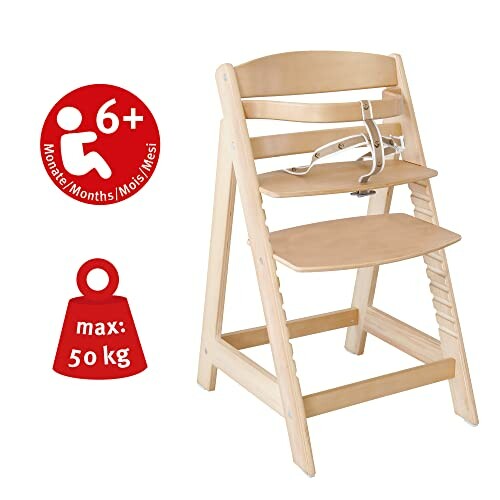 Chaise haute en bois pour enfants, capacité maximale 50 kg, pour 6 mois et plus.