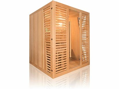 Cabine de sauna en bois avec panneaux infrarouges.