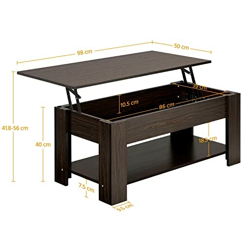 Table basse en bois avec plateau relevable et dimensions.