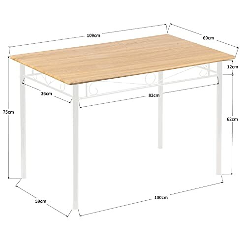 Table à manger en bois avec pieds en métal et dimensions indiquées.