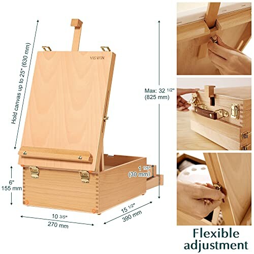 Chevalet en bois avec options de réglage flexible pour artistes.