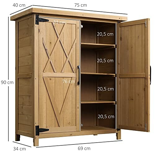 Armoire de rangement en bois avec étagères et portes ouvertes, dimensions indiquées