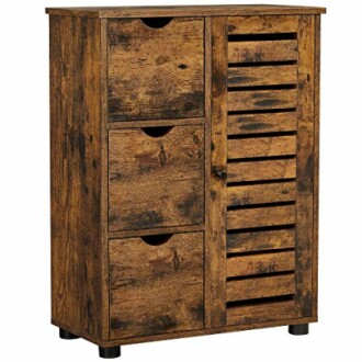 Armoire de rangement en bois avec trois tiroirs et une porte.