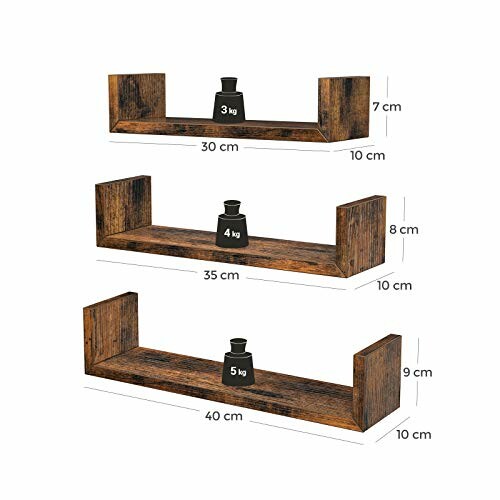 Étagères murales en bois avec dimensions et poids indiqués