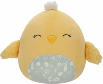 Jouet en peluche jaune en forme de poussin.