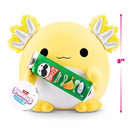 Peluche jaune tenant une boîte de snacks