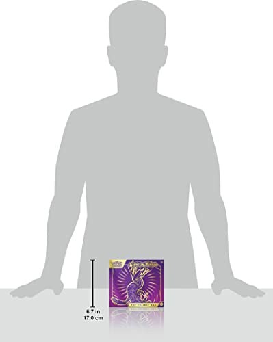 Boîte de cartes Yu-Gi-Oh avec design violet et doré, silhouette grise en arrière-plan.